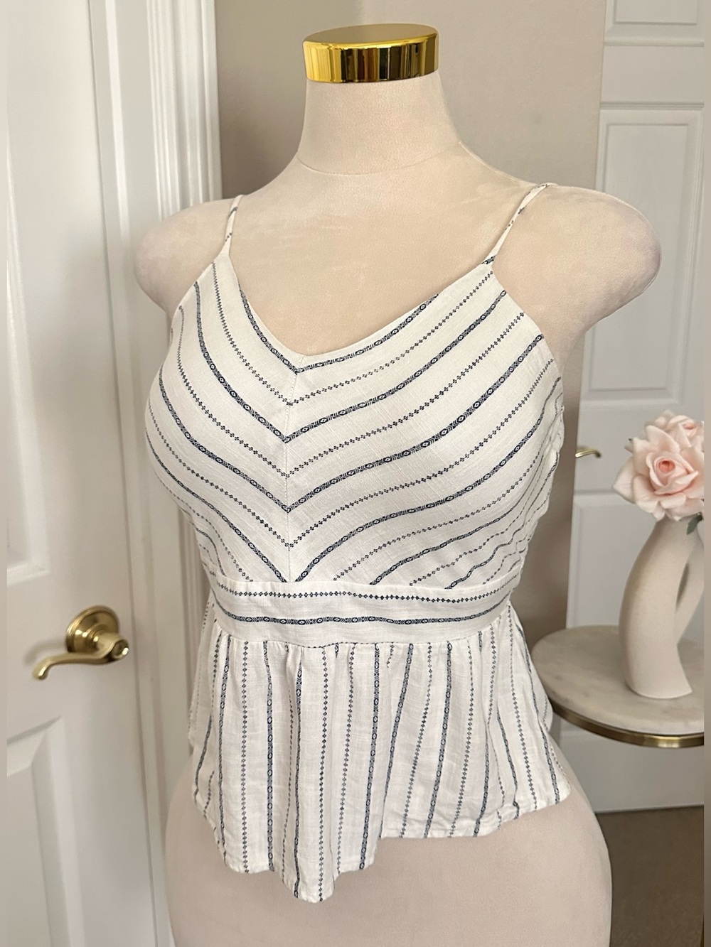 Monteau White & Blue Striped Linen Peplum Camisole with Spaghetti Straps Sz S